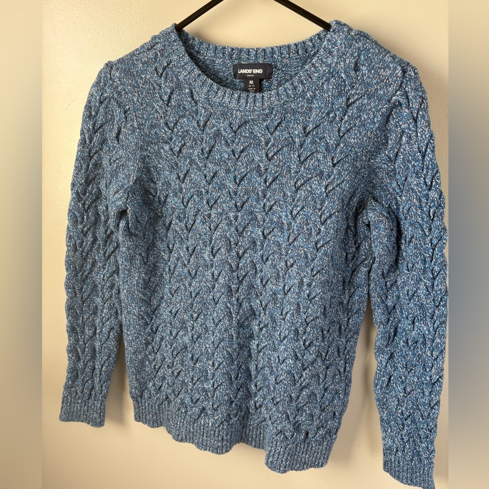 Lands' End Blue and white Drifter Cable Knit Sweater medium